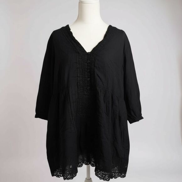 Johnny Was Black Eyelet Blouse Size Large Boho Embroidered Cotton Top - Picture 1 of 5